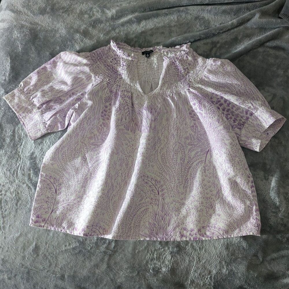 Cottagecore Talbots Linen Cotton Smocked Floral Top Purple Garden Party Blouse M - Picture 2 of 8